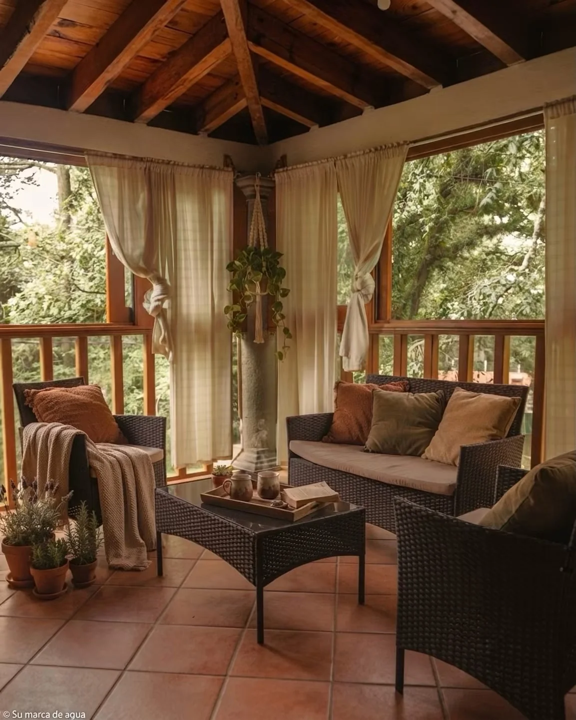 Terraza interior con muebles y vista arbolada